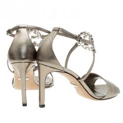 Pre Owned صندل غوتشي جلد برونزي ميتاليك شعار GG المرصع بحزام للكاحل مقاس 37