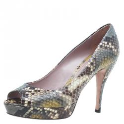 Pre Owned حذاء كعب عالي غوتشي جلد ثعبان ثنائي اللون مقدمة مفتوحة نعل سميك مقاس 39