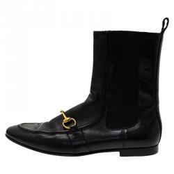Pre Owned Gucci Black Leather and Elastic Horsebit Ankle Boots Size 37.5