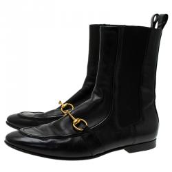 Pre Owned Gucci Black Leather and Elastic Horsebit Ankle Boots Size 37.5