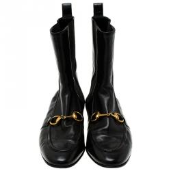 Pre Owned Gucci Black Leather and Elastic Horsebit Ankle Boots Size 37.5
