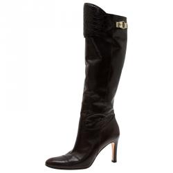 Pre Owned Gucci Brown Crocodile and Leather Over Knee Boots Size 37