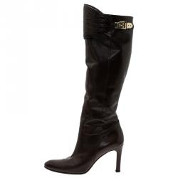 Pre Owned Gucci Brown Crocodile and Leather Over Knee Boots Size 37
