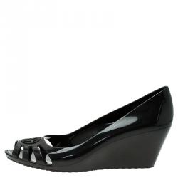 Pre Owned Gucci Black GG Marola Rubber Peep Toe Wedge Pump Size 38