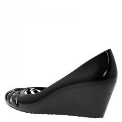 Pre Owned Gucci Black GG Marola Rubber Peep Toe Wedge Pump Size 38