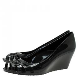 Pre Owned Gucci Black GG Marola Rubber Peep Toe Wedge Pump Size 38