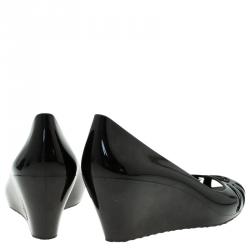 Pre Owned Gucci Black GG Marola Rubber Peep Toe Wedge Pump Size 38