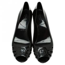 Pre Owned Gucci Black GG Marola Rubber Peep Toe Wedge Pump Size 38