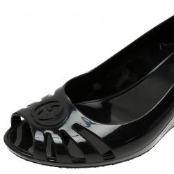 Pre Owned Gucci Black GG Marola Rubber Peep Toe Wedge Pump Size 38