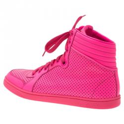 Pre Owned Gucci Neon Pink Leather Interlocking G High Top Sneakers Size 38