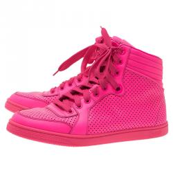 Pre Owned Gucci Neon Pink Leather Interlocking G High Top Sneakers Size 38