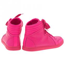Pre Owned Gucci Neon Pink Leather Interlocking G High Top Sneakers Size 38