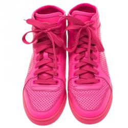 Pre Owned Gucci Neon Pink Leather Interlocking G High Top Sneakers Size 38