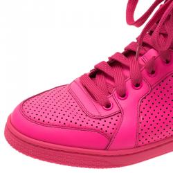 Pre Owned Gucci Neon Pink Leather Interlocking G High Top Sneakers Size 38