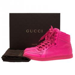 Pre Owned Gucci Neon Pink Leather Interlocking G High Top Sneakers Size 38