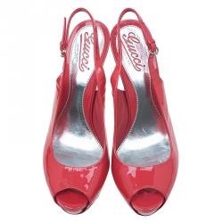 Pre Owned صندل غوتشي صوفيا جلد أحمر لامع نعل سميك بفتحة كعب مقاس 37.5