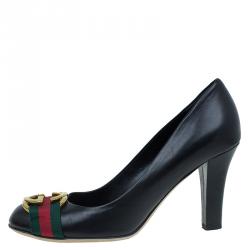 مملوكة مسبقًا حذاء كعب عالي غوتشي جلد أسود إبزيم G متداخلة شريط ويب مقاس 38