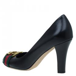 مملوكة مسبقًا حذاء كعب عالي غوتشي جلد أسود إبزيم G متداخلة شريط ويب مقاس 38