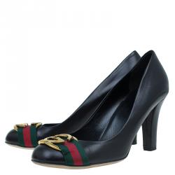 مملوكة مسبقًا حذاء كعب عالي غوتشي جلد أسود إبزيم G متداخلة شريط ويب مقاس 38