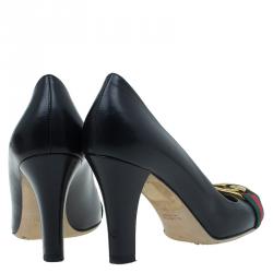 مملوكة مسبقًا حذاء كعب عالي غوتشي جلد أسود إبزيم G متداخلة شريط ويب مقاس 38