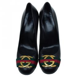 مملوكة مسبقًا حذاء كعب عالي غوتشي جلد أسود إبزيم G متداخلة شريط ويب مقاس 38