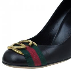 مملوكة مسبقًا حذاء كعب عالي غوتشي جلد أسود إبزيم G متداخلة شريط ويب مقاس 38