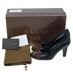 مملوكة مسبقًا حذاء كعب عالي غوتشي جلد أسود إبزيم G متداخلة شريط ويب مقاس 38