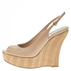 Pre Owned Gucci Beige Patent Strafish Raffia Slingback Platform Wedge Sandals Size 37.5