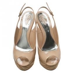 Pre Owned Gucci Beige Patent Strafish Raffia Slingback Platform Wedge Sandals Size 37.5