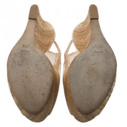 Pre Owned Gucci Beige Patent Strafish Raffia Slingback Platform Wedge Sandals Size 37.5