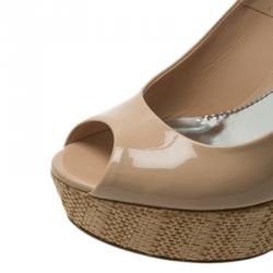 Pre Owned Gucci Beige Patent Strafish Raffia Slingback Platform Wedge Sandals Size 37.5