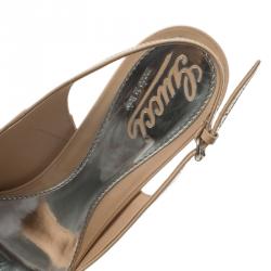 Pre Owned Gucci Beige Patent Strafish Raffia Slingback Platform Wedge Sandals Size 37.5