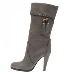 Pre Owned Gucci Grey Leather Bamboo Tassel Knee Boots Size 36.5