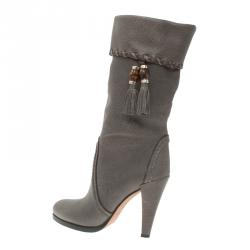 Pre Owned Gucci Grey Leather Bamboo Tassel Knee Boots Size 36.5