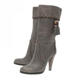 Pre Owned Gucci Grey Leather Bamboo Tassel Knee Boots Size 36.5