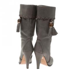 Pre Owned Gucci Grey Leather Bamboo Tassel Knee Boots Size 36.5