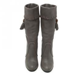 Pre Owned Gucci Grey Leather Bamboo Tassel Knee Boots Size 36.5