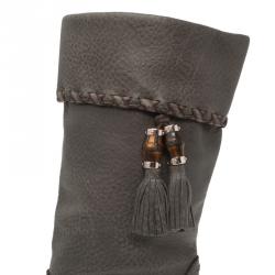 Pre Owned Gucci Grey Leather Bamboo Tassel Knee Boots Size 36.5