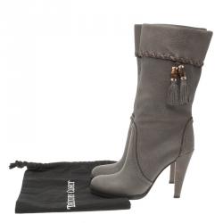 Pre Owned Gucci Grey Leather Bamboo Tassel Knee Boots Size 36.5