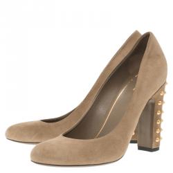 مملوكة مسبقًا حذاء كعب عالي سميك غوتشي سويدي بني مرصع بكعب سميك مقاس 37