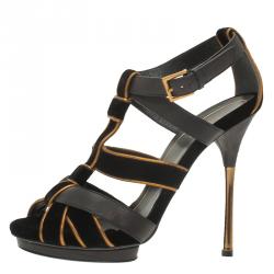 Pre Owned Gucci Black Velvet and Leather Malika Strappy Sandals Size 37.5