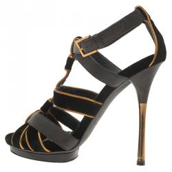 Pre Owned Gucci Black Velvet and Leather Malika Strappy Sandals Size 37.5