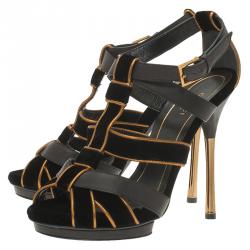 Pre Owned Gucci Black Velvet and Leather Malika Strappy Sandals Size 37.5
