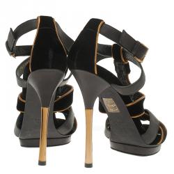 Pre Owned Gucci Black Velvet and Leather Malika Strappy Sandals Size 37.5