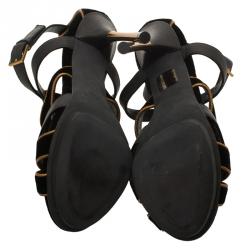 Pre Owned Gucci Black Velvet and Leather Malika Strappy Sandals Size 37.5
