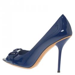 مملوكة مسبقًا حذاء كعب عالي غوتشي هورسبيت جلد أزرق كحلي مقدمة مفتوحة مقاس 37.5