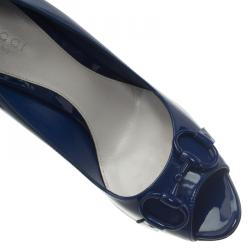 مملوكة مسبقًا حذاء كعب عالي غوتشي هورسبيت جلد أزرق كحلي مقدمة مفتوحة مقاس 37.5