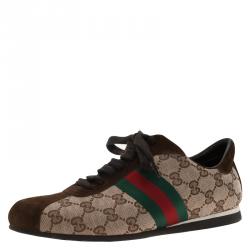 Pre Owned Gucci Beige Guccissima Canvas and Brown Suede Web Detail Sneakers Size 39