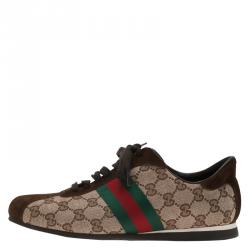 Pre Owned Gucci Beige Guccissima Canvas and Brown Suede Web Detail Sneakers Size 39