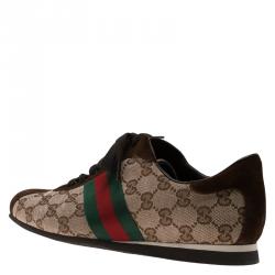 Pre Owned Gucci Beige Guccissima Canvas and Brown Suede Web Detail Sneakers Size 39